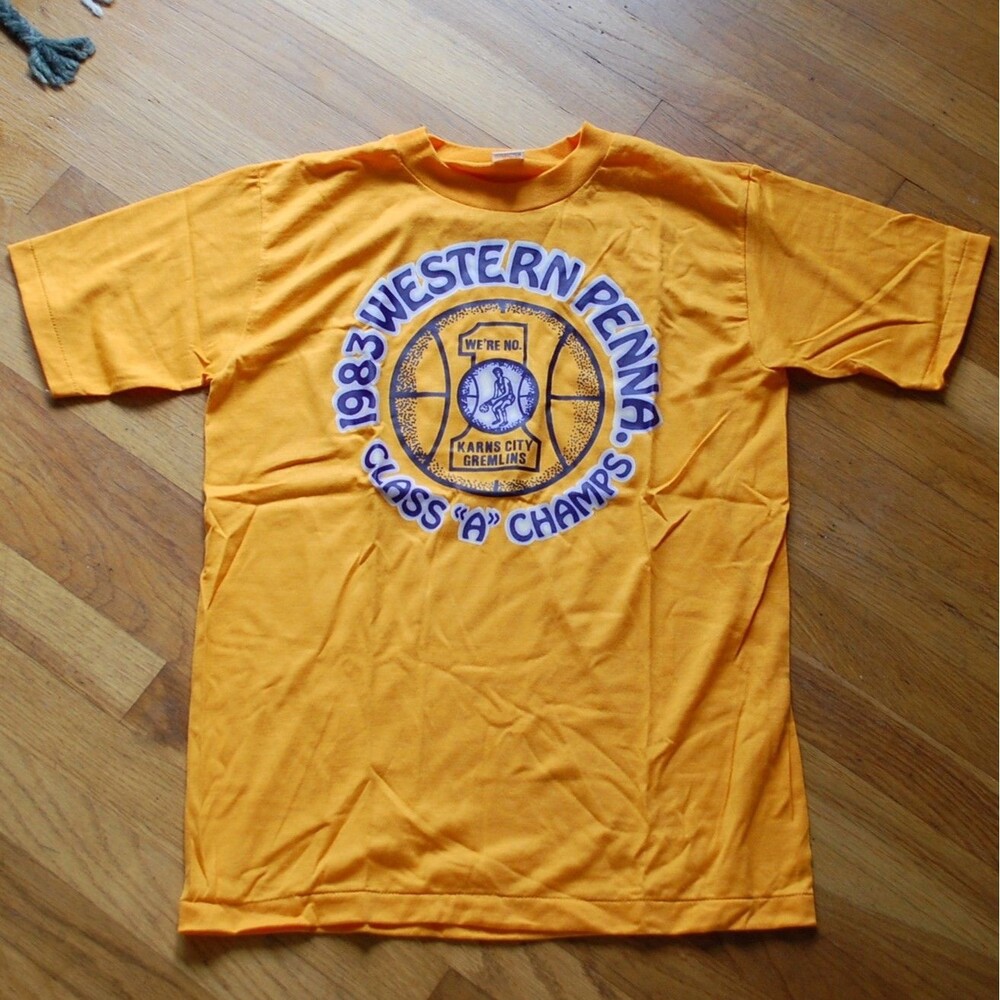 Vintage 1983 Basketball Champs Karns City Gremlins Yellow T-shirt Single Stitch